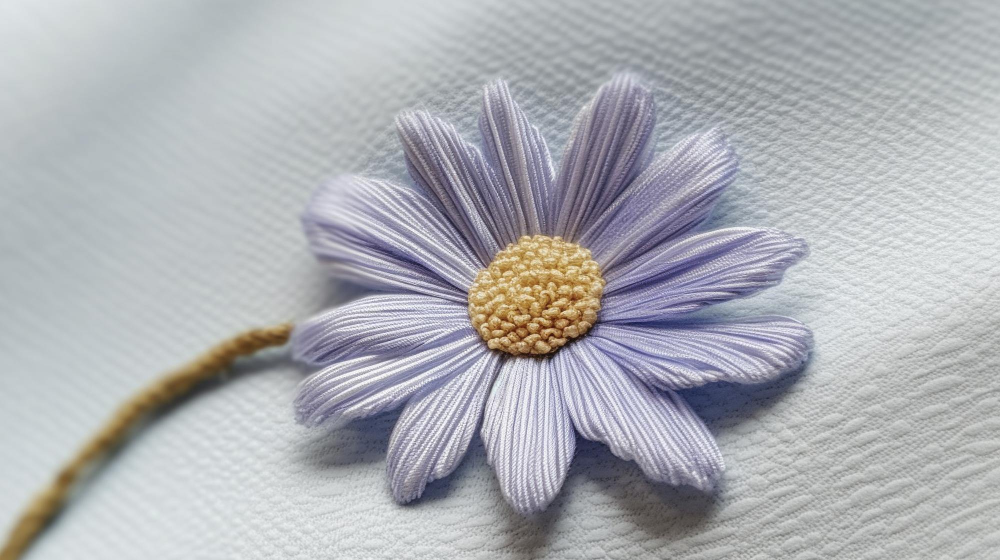 Close-up of embroidered floral patch on fabric